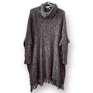 RD Style Charcoal Gray White Long Sleeve Turtleneck Poncho Sweater Fringe Small